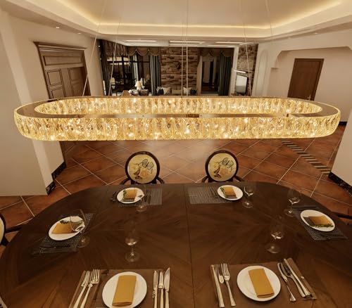 Modern Oval Crystal Chandelier for Dining Room Dimmable LED Chandeliers Rectangular Pendant Light Fixture with Remote for Living Room Kitchen Island Gold