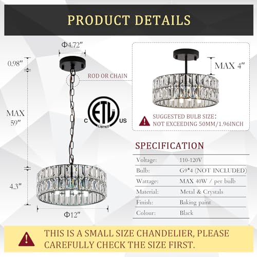 Black Crystal Chandelier 12" Modern Ceiling Pendant Light 3