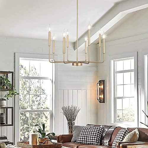 Modern Gold Farmhouse Chandeliers, 8-Light Industrial Metal Chandelier Lighting, Classic Candle Hanging Pendant Light Fixtures for Kitchen Bedroom, Dining Room, Living Room,Foyer