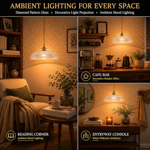 11.8″ Retro Glass Pendant Light Premium Thickened Clear Glass Shade Antique Brass Finish and Adjustable Gold Braided Cord Decorative Lighting for Kitchen Island