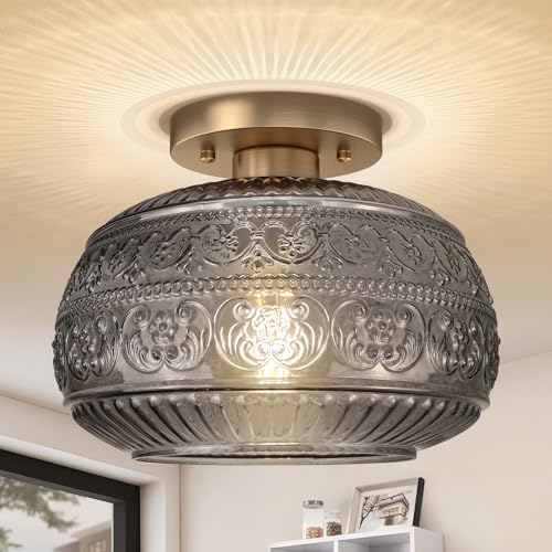 11" Gold Hallway Ceiling Light Fixture with Grey Glass for Hall Entry Way