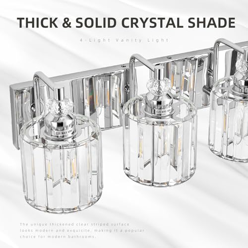 4 Light Modern Bathroom Light Fixture Chrome Bathroom Vanity Lights Over Mirror Wall Sconce Lighting with K9 Crystal Shades E26 Base for Bedroom