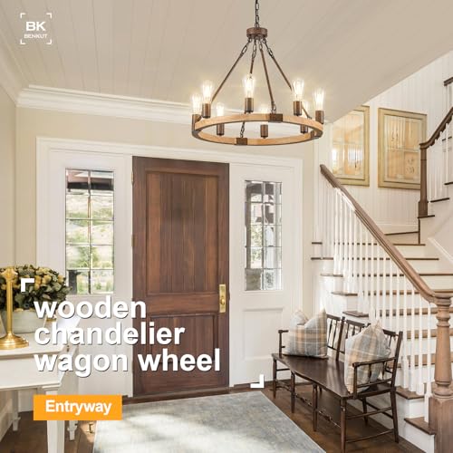 Farmhouse Wagon Wheel Chandelier 23.6" Wooden Rustic Light Fixtures 8