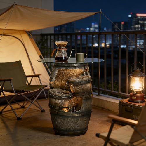 Rustic Barrel Outdoor Water Fountain with Glass Tabletop