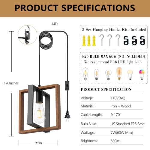 Rustic Wood Plug in Pendant Light with ON