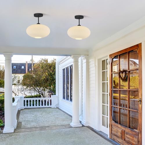 Large Milk Glass Ceiling Light Mid Century Modern Semi Flush Mount Ceiling Light Fixture Farmhouse Black Ceiling Lights for Closet Hallway Bathroom