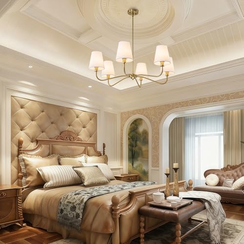 Brass Gold Chandeliers for Dining Room 6 Light Chandelier with Fabric Shade