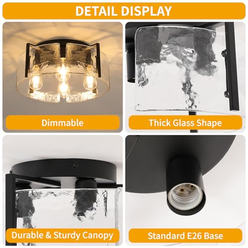 Modern 4 Light Flush Mount Ceiling Light with Hammered Glass Shade