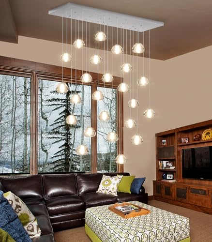 24 Lights Modern Rectangular Crystal Chandelier LED Raindrop Ceiling Pendant Light Crystal Lighting Fixture for Living Room Hotel Staircase Hallway Foyer Entryway Bedroom Silver