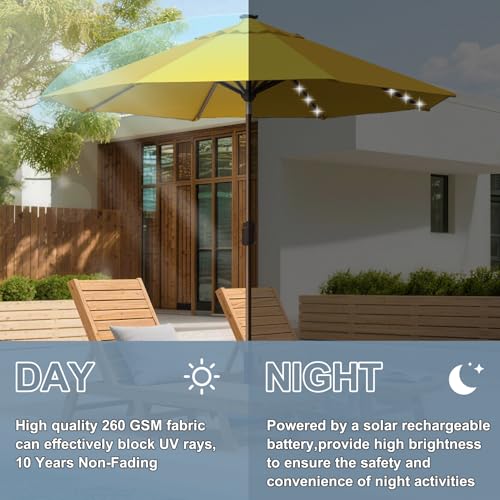 USA 10-Year-Non-Fading 10ft Market Patio Umbrella, Commercial Grade Table Sun Umbrella with 80 Solar LED Lights, Crank Open, Windproof & UPF 50+ UV Protection for Garden, Deck, Pool, Backyard, Sunflower Yellow