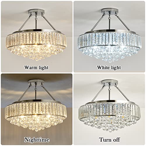 6 Light Modern Large Round Crystal Chandelier Chrome Semi Flush Mount Ceiling Light Fixtures E26 Ceiling Lamp for Dining Room Living Room Laundry Room Foyer Kitchen Balcony Bedroom