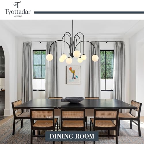 8 Light Black Sputnik Chandelier Modern Globe Chandeliers with Milk Glass Shades Large Luxury Pendant Light Fixture for Foyer Dining Room Living Room Staircase