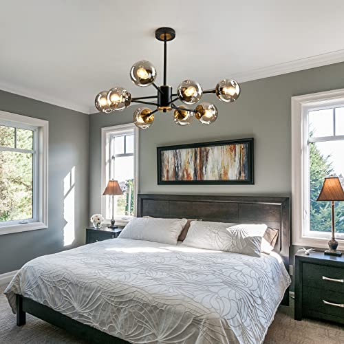 8 Light Glass Globe Sputnik Chandelier Matte Black and Gold Mid Century Modern Ceiling Light Fixture Adjustable Vintage Hanging Pendant Lighting for Dining Room Kitchen Bedroom Farmhouse