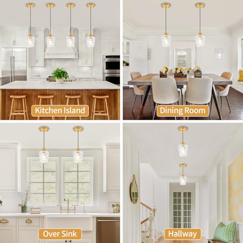 Hammered Glass Pendant Lights Brushed Gold Kitchen Lighting Over Island (3 Count)