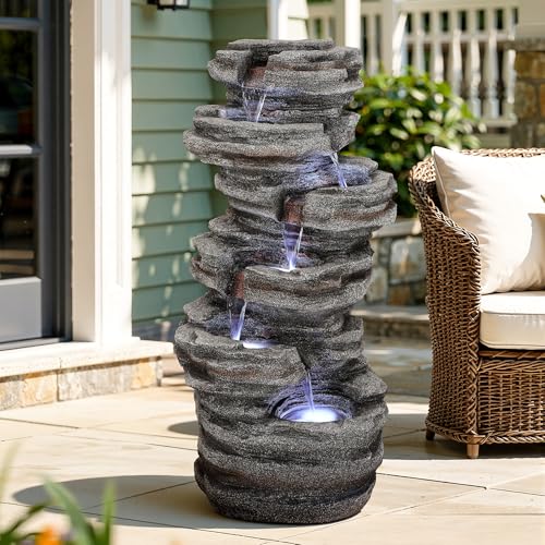 6 Tier Rock Outdoor Water Fountain with LED Lights