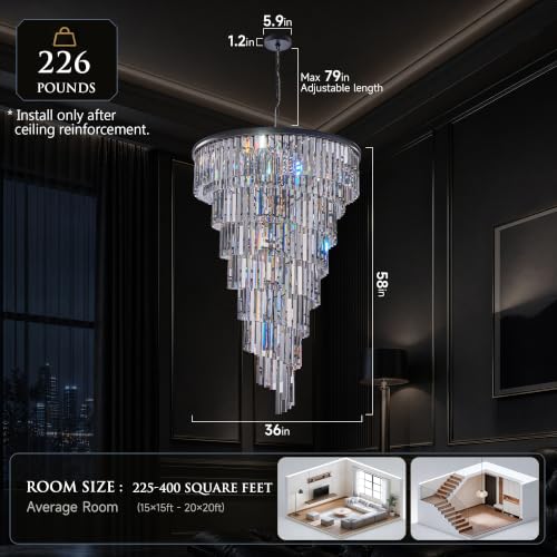 36'' Spiral Crystal Chandelier Black Modern Light Fixture
