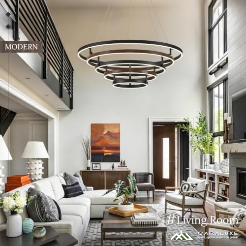 5 Ring LED Chandelier Modern Chandeliers Walnut Wood Black Dimmable 31''