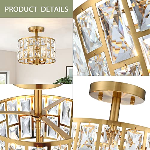 Gold Finish 3LT Crystal Semi Flush Mount Ceiling Light Fixture