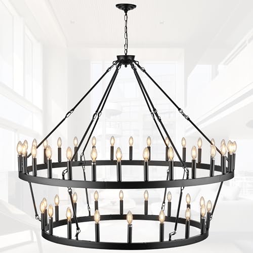 Rustic Farmhouse Black Wagon Wheel Chandelier Large Chandeliers for High Ceilings 2 Tier 48 Lights 55 Inch for Dining Room Living Room Foyer Porch Kitchen Island
