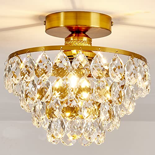 Modern E26 Small Crystal Chandelier Semi Flush Mount Ceiling Light Fixture Gold Ceiling Lamp for Hallway Bedroom Bathroom Closet Bedroom Foyer