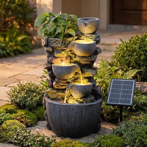 24'' Outdoor Solar Powered Water Fountain with Planter Pot and LED Lights