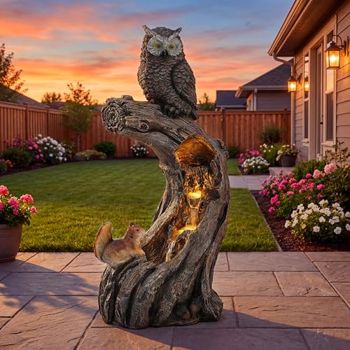 32" H Owl Tree Trunk Outdoor Fountain with Warm LED Lights