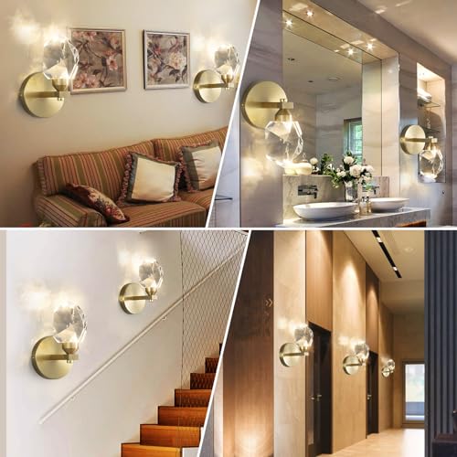 Set of 2 Gold Wall Sconces Modern Crystal Vanity Lighting for Bathroom Bedroom Living Room Entryway Wall Light Hallway Dining Room Lights Wall Mount Lighting Fixture Warm Light (2 Count)
