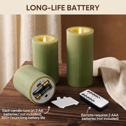 Olive Green Ribbed Moving Flame LED Pillar Candles with Remote (Olive Green)