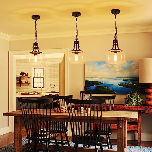 Chandelier Rustic Farmhouse Industrial Round Ceiling Pendant LED Light Fixture with Clear Glass Shades for Dining Room Kitchen Island Foyer Entryway