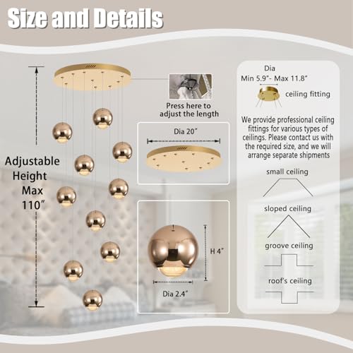 10 Light LED Staircase Gold Chandelier Crystal Ceiling Lights Large Chandeliers for High Ceilings