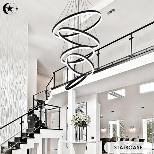 5 Rings Modern LED Chandelier Black Dimmable High Ceiling Chandelier for Dining Room with Remote Control for Foyer Living Room Entryway Staircase