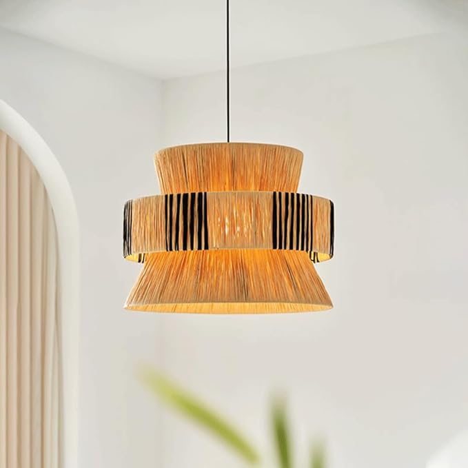 Raffia Pendant Light, Handwoven Wabi Sabi Hanging Lamp, Natural Fiber Dining Room Chandelier,Built-in Metal Frame,Retro Style Straw Woven Light Fixture with E27 Base for Living Room
