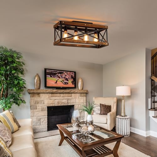 4 Light Large Rustic Farmhouse Wood Flush Mount Ceiling Light Fixture 23.6 inch Oak Wood and Metal Rectangular Track Semi Flush Mount Ceiling Light for Kitchen Living Room Bedroom Indoor