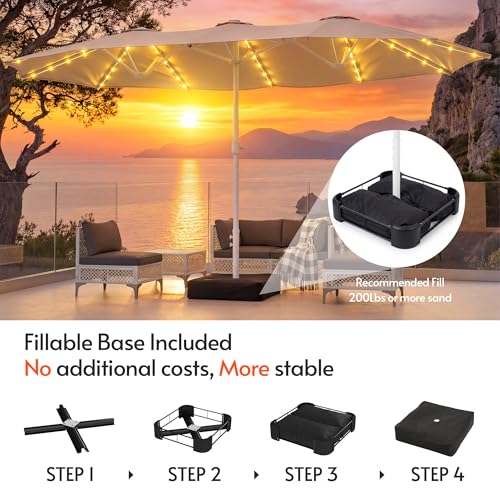 15ft Double Sided Patio Umbrella with Solar Lights and Base Included