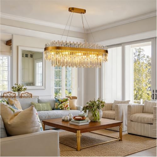 35.4" Brushed Gold Rectangular Crystal Chandelier Dining Room Kitchen