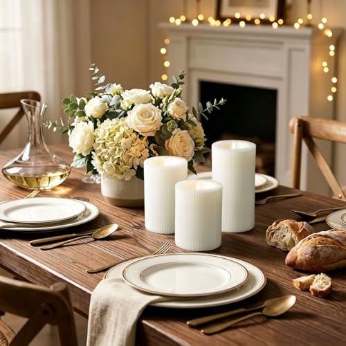 White Ribbed Moving Flame Flameless Pillar Candles with Remote (White)