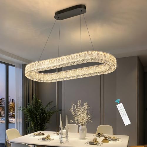 Modern Oval Crystal Chandelier Glam Dimmable Crystal Ceiling Chandeliers for Dining Room Kitchen Island Black