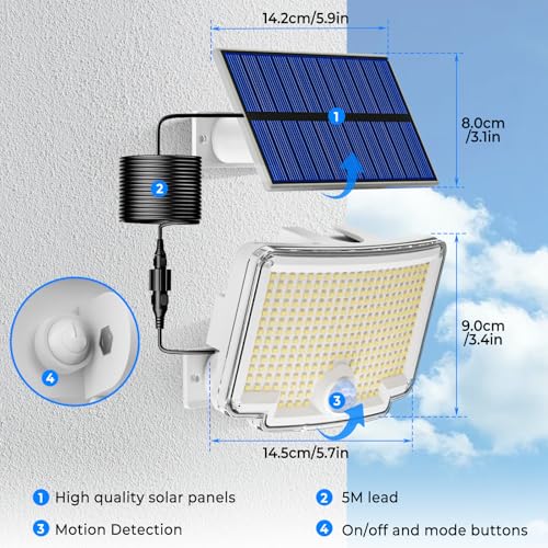 318 LED Solar Motion Lights Outdoor Waterproof with 16.4 FT Cable (2 Count)