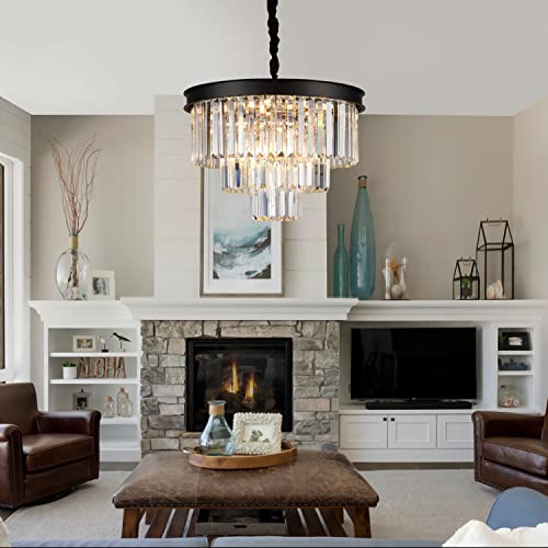 Black Crystal Chandelier Modern 20" Round Light Fixtures for Living Room