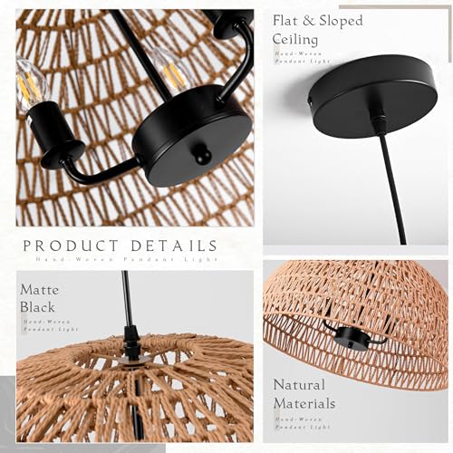 24" Brown Woven Pendant Light Boho Chandelier Dome Rustic Farmhouse Chandelier Wicker Pendant Light Rattan Light Fixture for Dining Room Living Room Bedroom Kitchen Island Foyer
