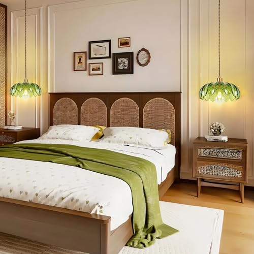 Plug in Pendant Light Hanging Lights with Plug in Cord Boho Hanging Lamp Glass Gold Mid Century Modern Vintage Dimmable Green Flower Plug in Chandelier Ceiling Fixture for Living Room