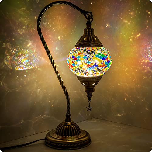 Turkish Moroccan Lamp with Bronze Base 3 Color Options Handmade Swan Neck Mosaic Glass Bedside Lamps for Bedroom