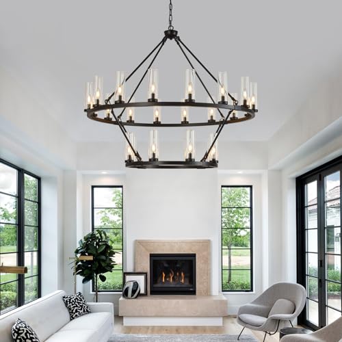48 Inch Large Black Wagon Wheel Chandelier with Clear Glass Shade 2 Tier 24