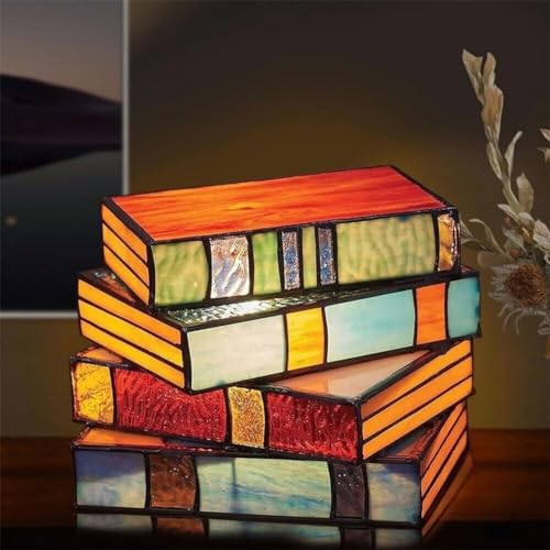 RERUICO Stained Glass Stacked Books Lamp Vintage Desk Lamp Small Reading Book Lamp Decor Stained Glass Nightlight