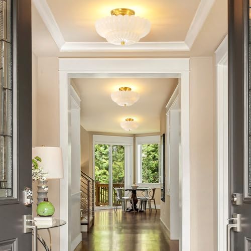 Semi Flush Mount Ceiling Light Fixture 11.8" Vinatge Gold Ceiling Lights Mid Century Modern Milk White Glass Close to Ceiling Lighting Fixtures for Bedroom Hallway Foyer Bathroom Kitchen