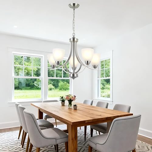 5 Light Contemporary Chandeliers Brushed Nickel Modern Light Fixtures Ceiling Hanging Industrial Pendant Lighting for Foyer Bedroom Dining Room Bathroom