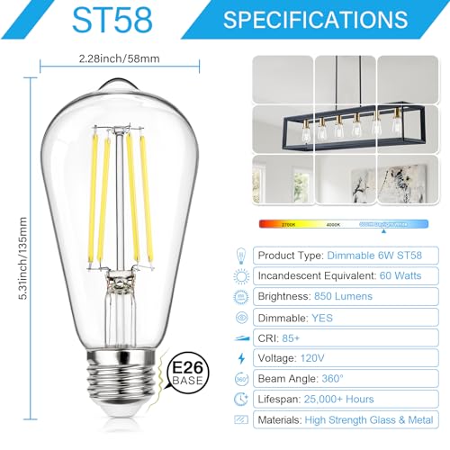 Dimmable Vintage LED Edison Bulbs 60W Equivalent 6W 850 Lumens (12 Count)