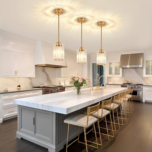 2 Pack Brushed Gold Pendant Light Fixtures Modern Crystal Kitchen Lighting (2 Count)