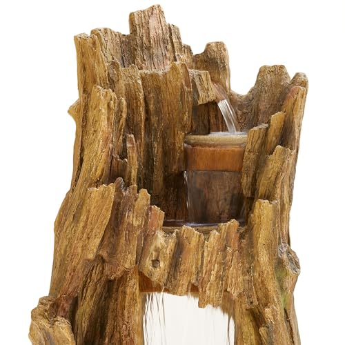 TZL338 Outdoor 3 Tier Waterfall Tree Trunk Floor Fountain with LED Lights for Patio