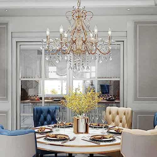 Saint Mossi 6 Light Crystal Chandelier Light Fixture Modern Chandelier Crystal Lighting, French Gold Crystal Raindrop Chandelier for Dining Room,Bedroom,Living Room, H23 x D24